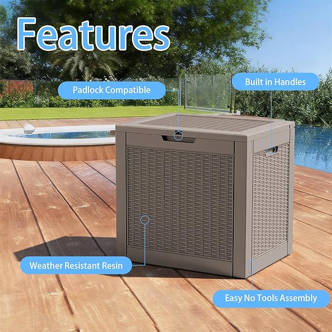 35-Gallon Outdoor Storage Box, Waterproof Deck Box for Patio Cushions, Garden Tools, Pool Accessories, Lockable Outside Storage Bin for Backyard & Deck (Grey)