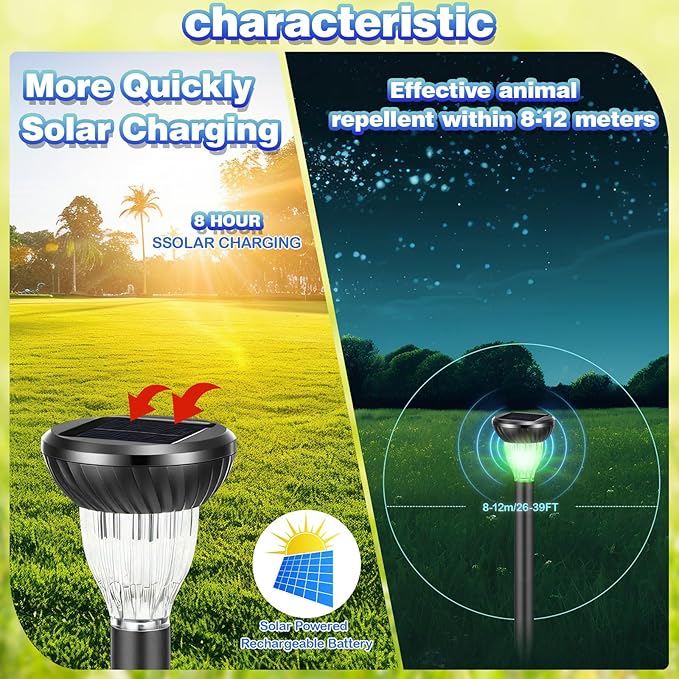 4 Pack Solar Ultrasonic Animal Repellent with RGB Color-Changing Lights, 360° Sonic Pest Deterrent for Outdoor Lawn & Garden, Solar Powered Mole, Gopher & Snake Repellent Stakes