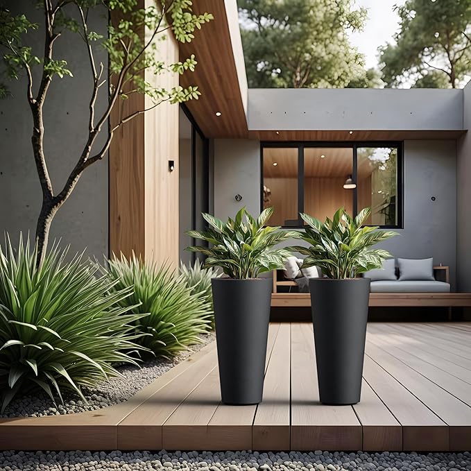 Kante Tall Concrete Planter (Set of 2), 15.8 Inch Height Large Pots for Indoor and Outdoor Plants, Black Finish with Painted Interior, Suitable for Home, Patio, Garden and Porch