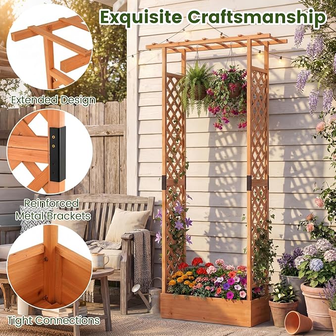 S AFSTAR Raised Garden Bed with Trellis, 2-in-1 Fir Wood Planter Box with Flat Roof & Drainage Holes, Vertical Planter Raised Bed for Climbing Plants, Flowers & Vegetables, 43" x 14" x 89" (Orange)