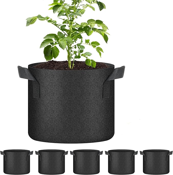 YSSOA 5-Pack 5 Gallon Grow Bags, Aeration Nonwoven Fabric Plant Pots with Handles, Heavy Duty Gardening Planter for Potato, Tomato, Vegetable and Fruits, Black 2024 Version