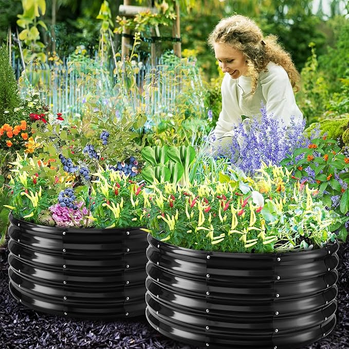 17" Tall Round Outdoor Garden Raised Garden Bed Kits-0.8MM Thick Metal Raised Planter Bed/Ground Planter Box for Variety of Flowers,Herbs,Vegetables,Trees (Black, 32 Dia X 16.5 inches)