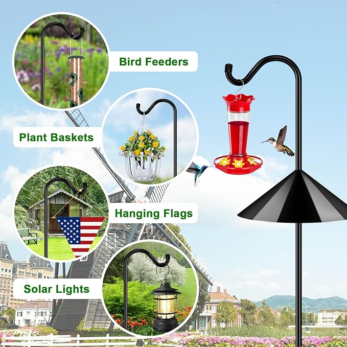 FEED GARDEN 92’’ Bird Feeder Pole Squirrel Proof, Adjustable Shepherds Hooks for Outdoor with 7 Prongs Base, Heavy Duty Shepherd Hook with Squirrel Baffles, Pole for Bird Feeder, Plant Baskets,1 Pack