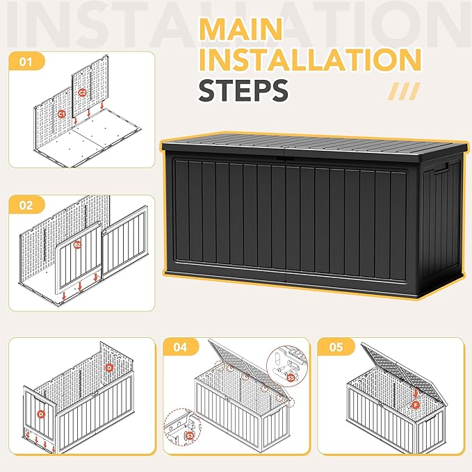 270 Gallon HDPE Deck Box Outdoor Indoor Waterproof Storage Box for Patio Furniture, Pool Accessories, Garden Tools, and Cushion Storage, Black