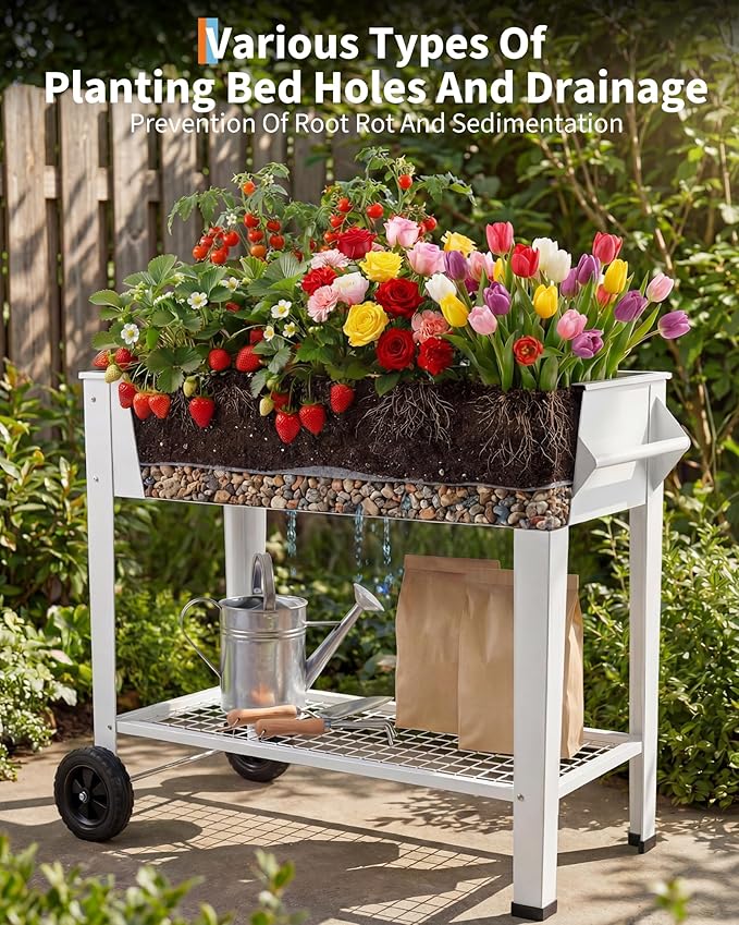 Garvee Elevate 39" Raised Garden Bed with Wheels & Storage Shelf, 400 Lbs Capacity, Anti-Rust Steel Planter Box for Vegetables & Herbs, Patio/Balcony/Backyard