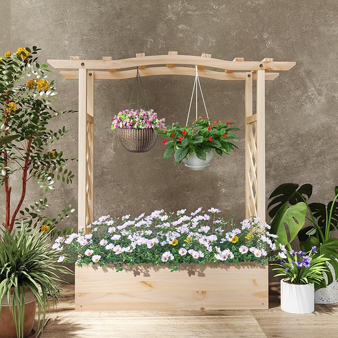 Giantex Raised Garden Bed with Sided Trellis & Hanging Roof, Wood Planter Box, Freestanding Garden Planter Raised Bed for Flowers Herbs Climbing Vines 44”x14”x45” (L x W x H)