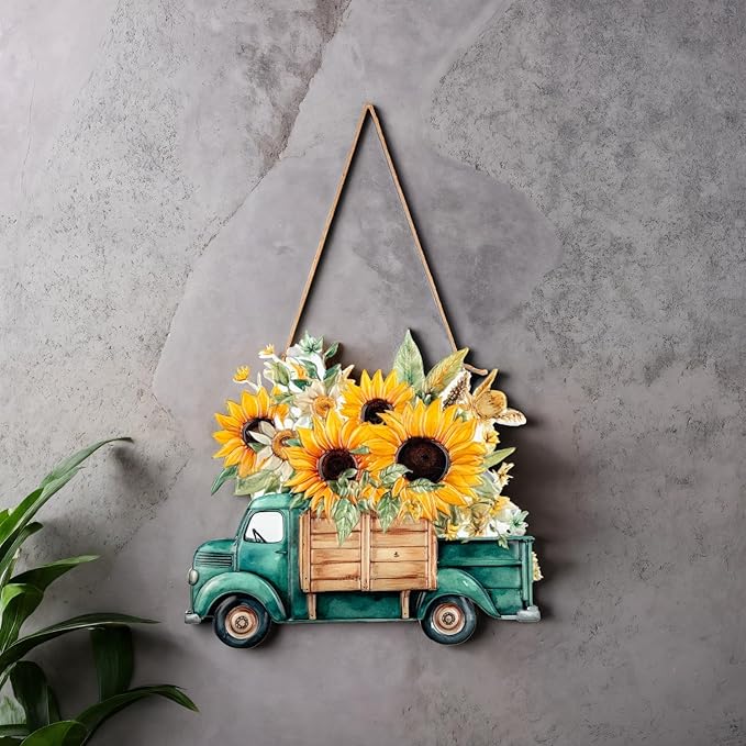 Quterhero Sunflower Truck Wall Decor, Metal Hanging Art for Home Porch or Indoor Outdoor Wall, Vintage Farmhouse Gift for Mom, Women, Friends(Green Truck)