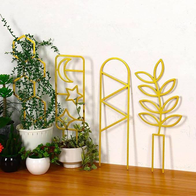 4 Pcs Indoor Plant Trellis for Climbing Plants, Small Trellis for Potted Plants, Garden Metal Trellis Plant Support Trellis with Different Patterns for Vine Ivy Flower (Unique,Gold)