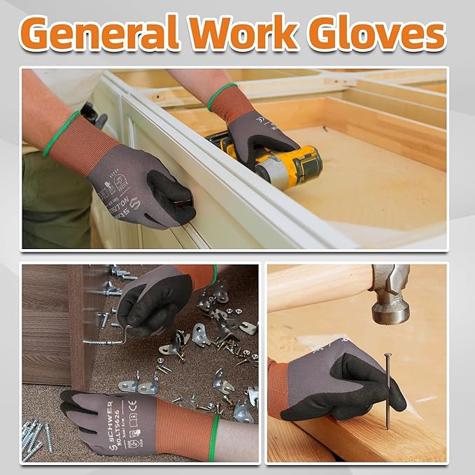 Schwer 3 Pairs Work Gloves with Sandy Nitrile Coating LT5626, Level 6 Abrasion Resistant (Certified) Heavy Duty Gloves with Grip for Men and Women, Ideal for General Use, Mechanic, Construction, S