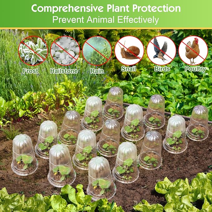 30 Pcs Upgraded Transparent Garden Cloches for Plants, Reusable Plant Covers, Plant Protectors from Animals for Garden Plants, Plant Covers Freeze Protection, Compatible with Slug Collar