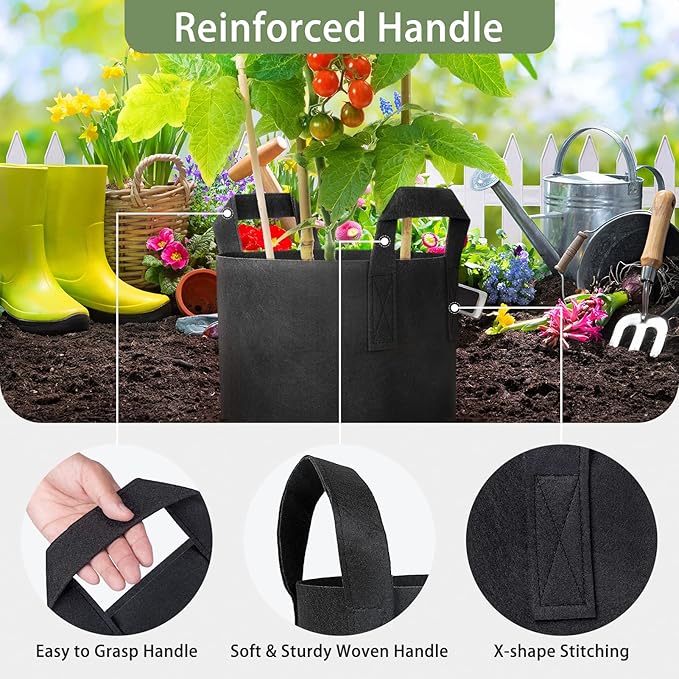 GreatBuddy 7 Gallon Grow Bags 12-Pack, Thick Fabric Pots for Plants, Sturdy Handles & Reinforced Stitching, Labels Included, Black