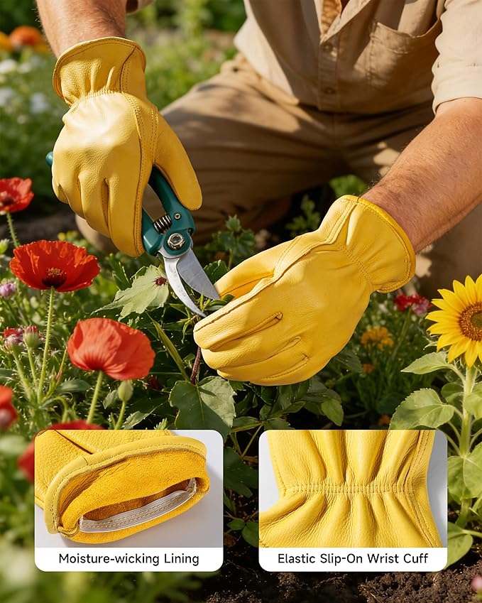 OZERO Leather Work Gloves: Mens Deerskin Gloves Soft Breathable Abrasion Resistant Gardening Firewood Glove - for Driving Riding Yardwork Ranch Farm Hunting Garage DIY for Men & Women (Gold,M)