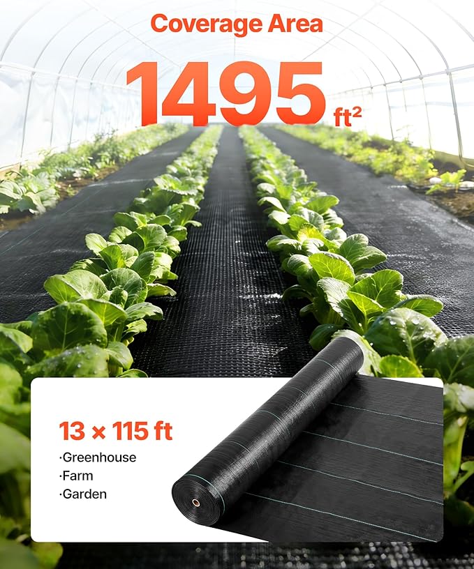VEVOR Weed Barrier Fabric Heavy Duty, 13x115FT 3.5oz Landscape Fabric, Woven Weed Blocker Fabrics, Garden Fabrics Weeds Barrier, Weeds Control Ground Cover, Geotextile Webbing, Gardening Mat, Black