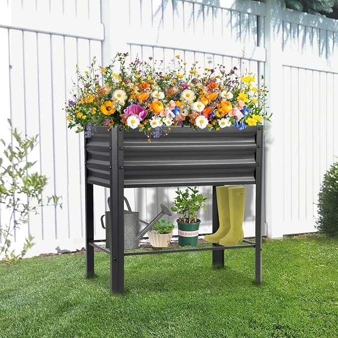 Raised Garden Bed with Legs and Shelf, 2pcs 31.8x20x31.5inches Elevated Metal Planter with Legs for Outdoor Vegetables and Herbs, Standing Raised Beds for Balcony, Patio, Lawn and Backyard
