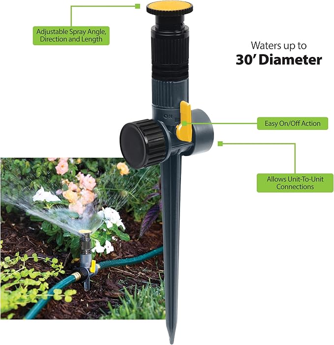 Melnor 65185AMZ Multi-Adjustable Spike Sprinkler, 3-Pack W/Quick Connect Bundle, Flow Through Base, Black, Grey, Yellow