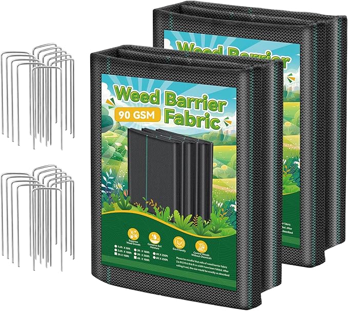 4ftx100ft Landscape Fabric, Weed Barrier Fabric Heavy Duty 3.2oz, Woven Geotextile Weed Blocker Landscaping Fabric, Garden Ground Cover Weed Control Mat with 20 Staples (2 Pack 4x50ft)