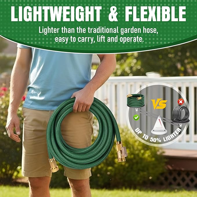 Garden Hose 75 ft NON-EXPANDABLE Water Hose, Flexible & Lightweight Kink Resistant Hybrid Hose, Leak-Proof Heavy Duty, Super Durable Fabric with 3/4" Solid Brass Connectors