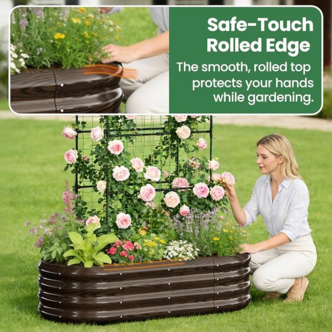 2 in 1 Galvanized Raised Garden Bed with 71" H Arch Trellis for Climbing Plants, Outdoor Gardening Planter Box with Climbing Net for Flowers Vegetables Fruits Herbs, Wood Grain