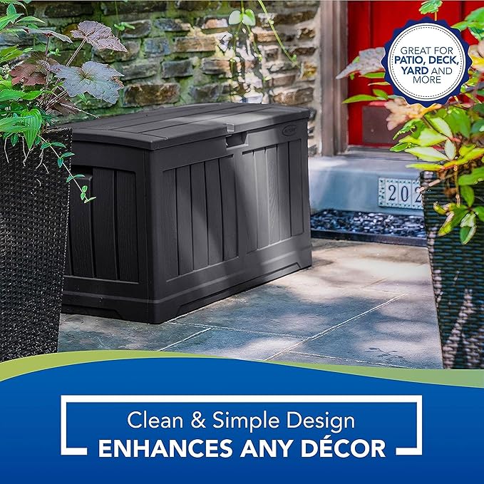 Suncast 50 Gallon Medium Capacity All Weather Construction Resin Outdoor Storage Deck Box with Arched Lid for Patio, Garden, or Pool, Peppercorn