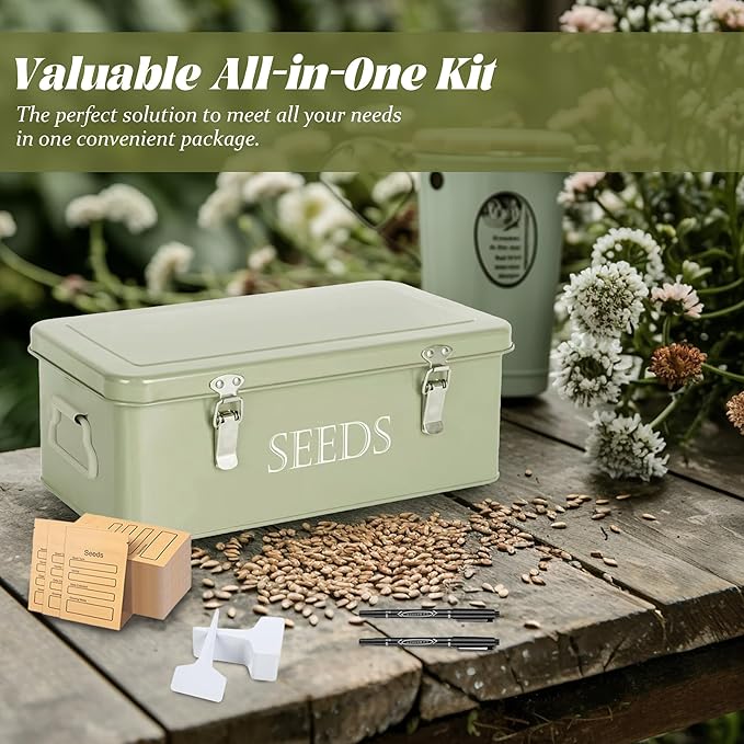 Seed Storage Box, Professional All-in-one Kit with 2 Pens, 20 Plant Labels and 50 Seed Envelopes, Metal Storage Organizer, Saving Box, Seed Packet Container, Large, Green