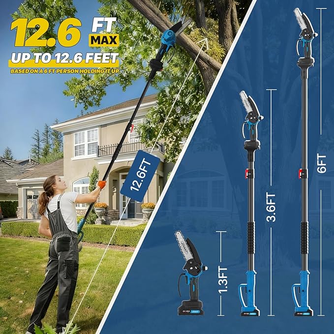Electric Pole Saws for Tree Trimming, 6 Inch Mini Chainsaw Cordless 2-in-1 Pole Saw Battery Powered Tree Trimmer, Hand Held Chainsaw Long Bar Tree Branch Cutter, Wood Cutting Tools with 2 Batteries
