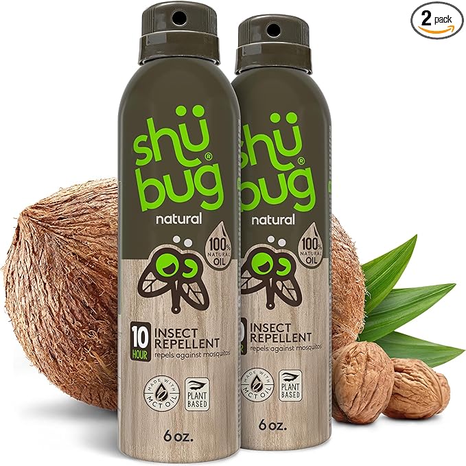 Shubug Natural Insect Repellent Spray, DEET Free with Geraniol, MCT and Walnut Oil, Long Lasting Up to 10 Hours, 6 oz (Pack of 2)