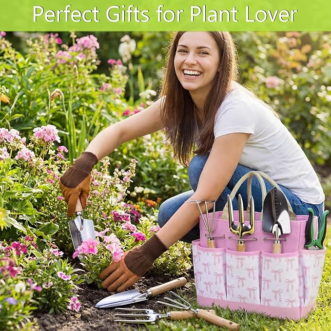 Chumia 9 Piece Pink Gardening Tools for Women Mothers Garden Gifts Pink Bow Gardening Set Stainless Steel Heavy Duty Garden Tools Kit with Organizer Bag Ergonomic Wooden Handle for Gardeners Beginner