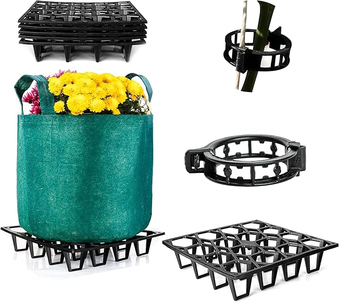 Plant Riser – Modular Pot Spacer for Grow Bags, Planters & Containers – UV-Resistant Drainage Tray for Airflow, Root Health & Cleaner Surfaces (Standard Black W/ 50 clips, 5 Pack)