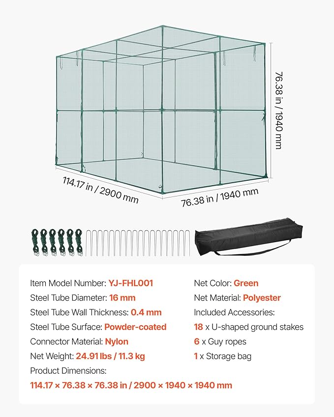 VEVOR Crop Cage, 9.5 x 6.36 x 6.36 ft Plant Protection Tent with Zippered Door, Wind-Resistant Tall Crop Cage, Easy to Install, Outdoor Raised Bed Cover, Tomato Plant Netting for Garden Patio Lawn