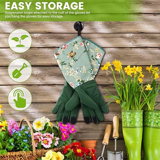 Garden Gloves, Long Sleeve Leather Gardening Gloves for Yard and Gardening Work, Gardening Gifts for Women, Cute, Comfortable, Durable, Green Print (Small)