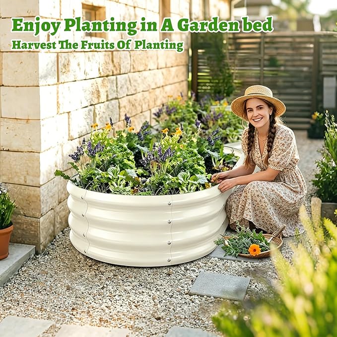 TBMLC Oval Galvanized Planter Box, Metal Raised Garden Bed - 0.8MM Thick- Ideal for Outdoor Gardening and Planting of Vegetables Flowers Fruits Succulent Plants and Others (White, 5X2.7X1 FT)