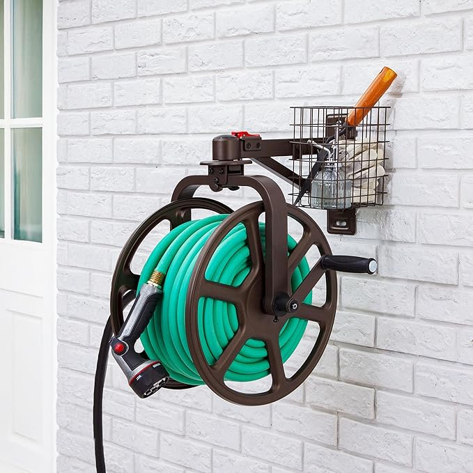Liberty Garden Single Arm Navigator Hose Reel with Pull Up Latch, Bronze