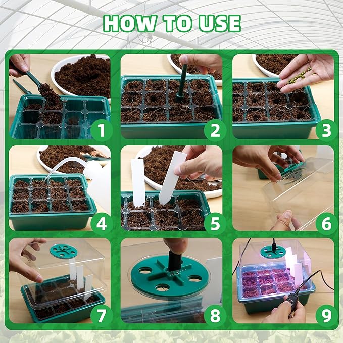 5Sets Seed Starter Tray with Grow Light, Elevated Seedling Starter Trays Kits with Adjustable Humidity Domes and Clear Cell Tray for Greenhouse Seeds Growing Starting