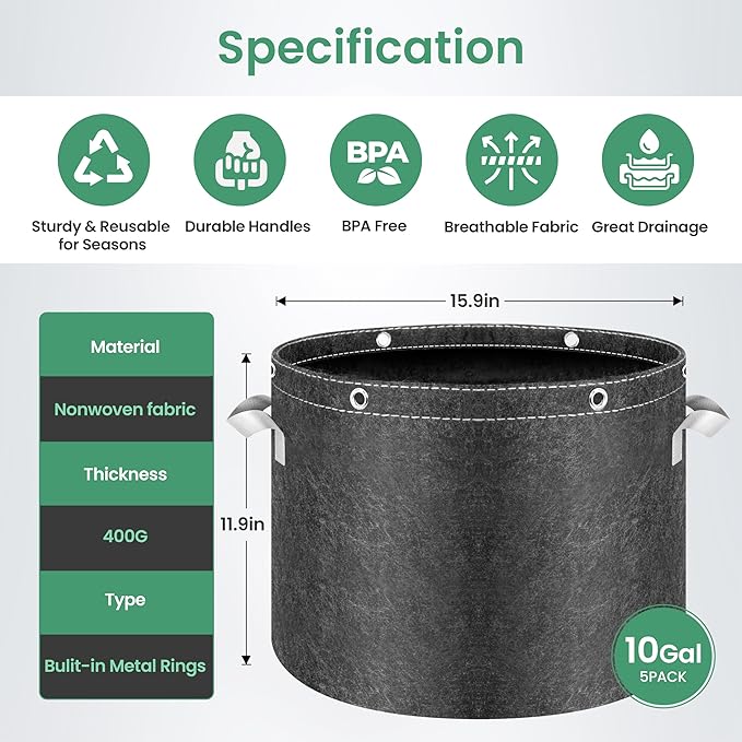 InfiniPower 5 Pack 10 Gallon Plant Grow Bags, 400G Thick Nonwoven Fabric Pots with Multi-Purpose Rings and Handles, Reusable for Low Stress Plant Training Fruits, Vegetables and Flowers