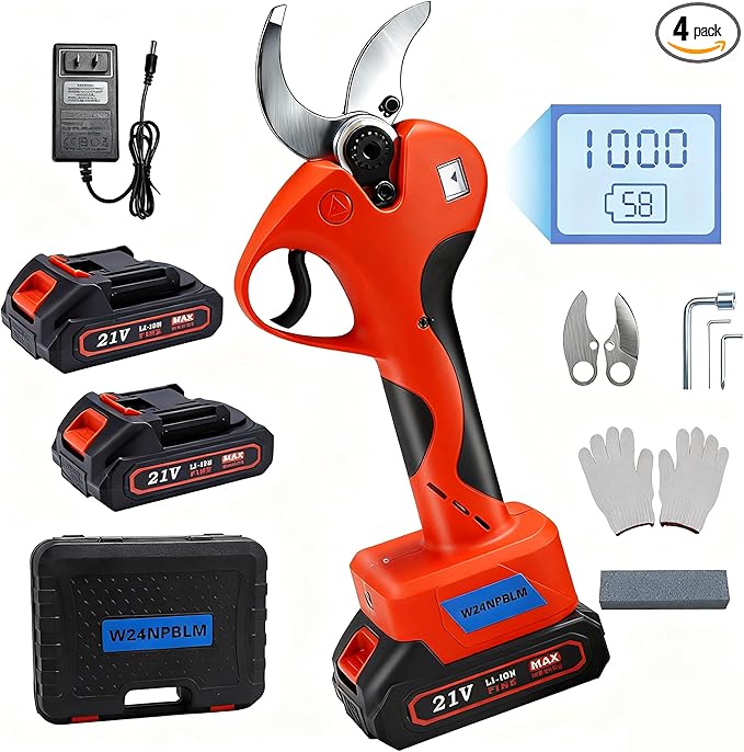 Electric Pruning Shears,2 inches (50mm) Cutting Diameter,Cordless Pruning Shears with LCD Display,2pcs 2000mAh Rechargeable Lithium Battery, 2pcs Upgraded SK5 blades
