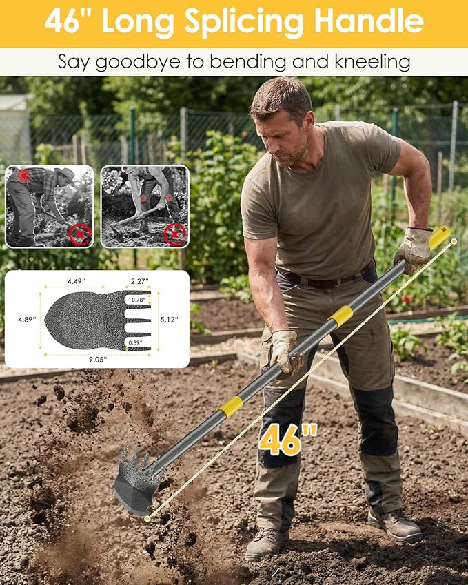 Hoe Garden Tool Heavy Duty Long Handle Manual Weeder Puller Tool for Weeding Loosening Soil 2 in 1 Garden Hoe Adjustable 31-46 Inch Steel Shaft for Gardening Yard Lawn Patio