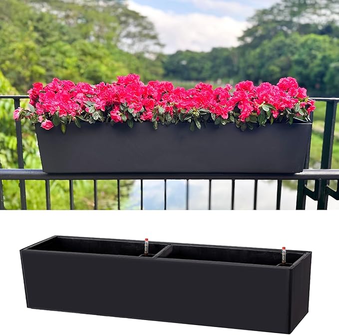 LaLaGreen Rail Planter for Balcony Outdoor (1 Pack, 40 Inch) Large Black Self Watering Railing Planters with Brackets, Rectangular Plastic Window Flower Box Simple Designer Choice with Rattan Pattern