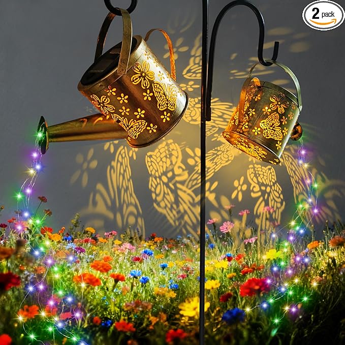 DDQ 2PC Solar Watering Can Lights for Outside, Colors 58 LED Solar Garden Lights with Shepherds Hook,IP65 Waterproof Auto On/Off for Yard Decorations Outdoor Garden, for Mom Holiday Gift