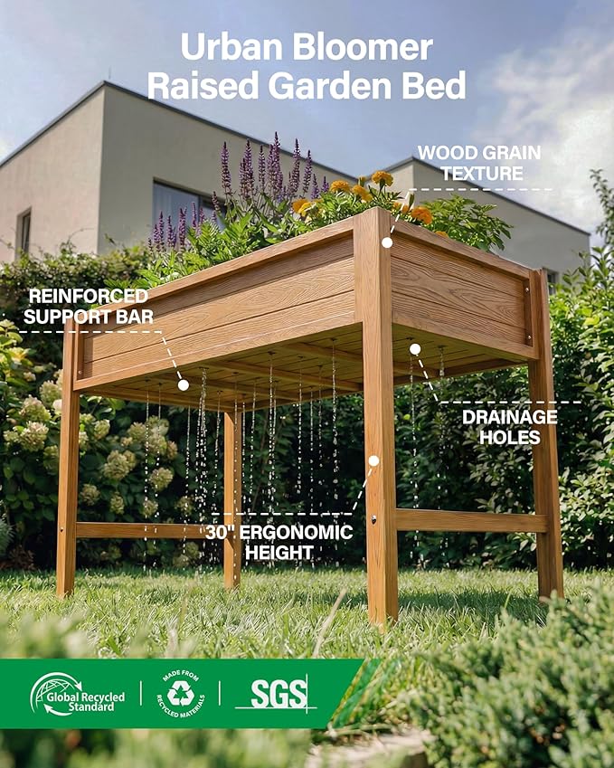 YEFU Raised Garden Beds Outdoor: 48x24x30in HIPS Planter Boxes Outdoor with Legs to Plant Herbs Vegetables Flowers - Raised Garden Bed Gardening with Optimal Drainage Design Reduces Care Time Teak