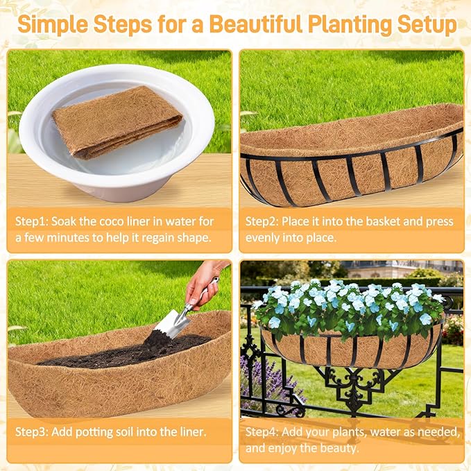4 Pack 24 Inch Trough Coconut Liners for Planters- Natural Coco Liner Window Box Liners Replacement, Coconut Fiber Planter Liner for Outdoor Flower Planters, Deck Railings, Fence and Balcony
