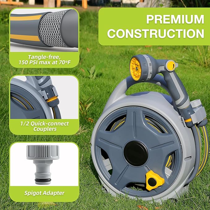 Retractable Garden Hose Reel, 1/2"x 50FT Heavy Duty Hose with 10 Spray Patterns - Leakproof, Durable & Compact Design for Garden Watering, Car Washing, Pet