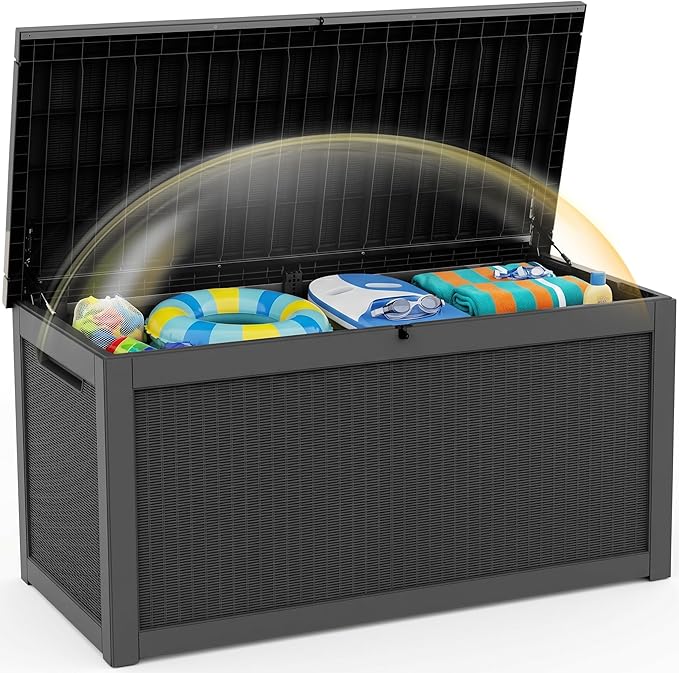 EFU Outdoor Storage Box 320 Gallon Deck Box (Indoor & Outdoor) Lockable UV Resistance Waterproof Resin Storage Bin Storage Box for Outdoor,Patio Storage With Support Rod(Black)