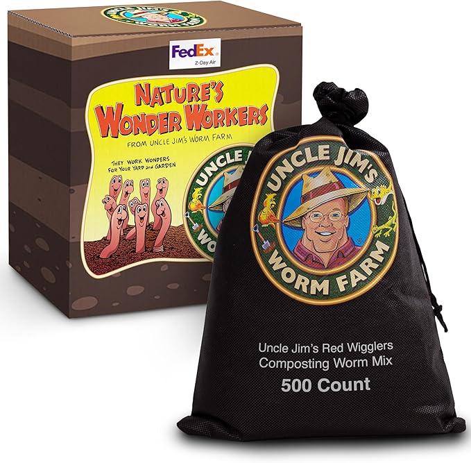 Uncle Jim's Worm Farm 500 Count Red Wiggler Composting Worms Mix for Garden Soil or Fishing | Starter Pack of Compost Worms Improves Soil Structure and Quality for Healthier Gardens