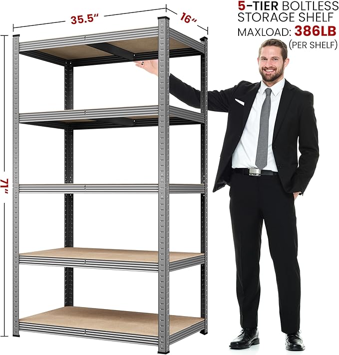 Yaheetech Storage Shelves, 5 Tier Heavy Duty Adjustable Metal Shelving Unit, Industrial Utility Rack for Garage Warehouse Pantry Closet (35.5 W x 16 D x 71 H Inches, Light Gray)
