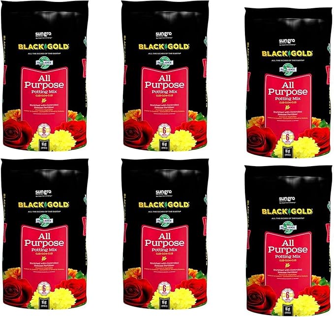 SunGro Black Gold All Purpose Potting Soil Fertilizer Mix for House Plants, Vegetables, Herbs and More, 16 Quart Bag (6 Pack)