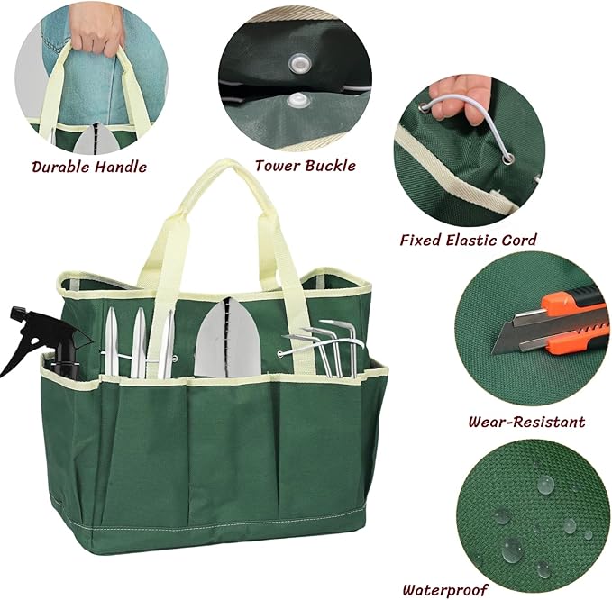 BLIRITEL Garden Tool Organizer,Waterproof Garden Tool Tote Bag with 8 Side Pockets,Outdoor Gardening Tool Storage Bag and Home Organizer for Gardener,Pottery,Electrician and Repairman