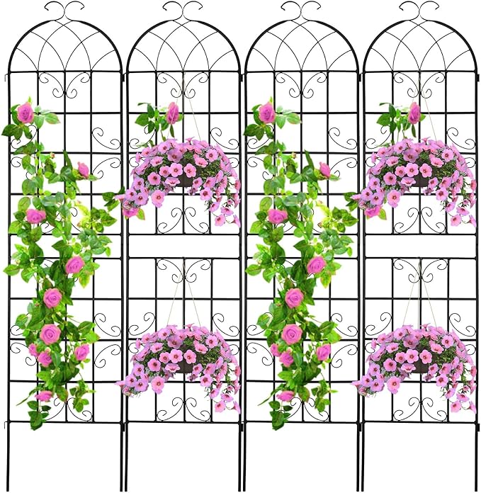 4 Pack 86.2x19.7in Metal Garden Trellis for Climbing Plants,Black Metal Garden Trellis for Vines Plant Rose Vegetable Support,Large Decorative Outdoor Trellis