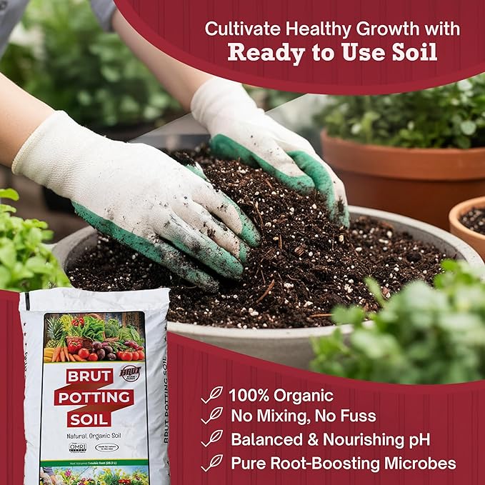 Brut Organic Potting Soil 1 CU FT – Premium Plant Soil with Organic Worm Castings, Trace Minerals & Perlite – Chemical-Free, Filler-Free – Ideal Potting Mix for Indoor & Outdoor Plants – Pack of 6