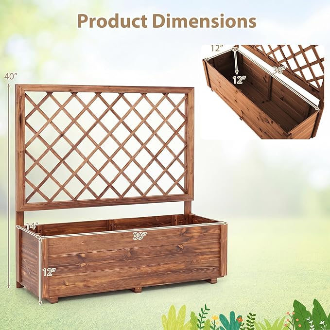 Giantex Raised Garden Bed Set 2 w/Trellis, Drainage Hole, 39”x14”x40” Wood Elevated Planter Box for Climbing Vine Flower Herb Vegetable Fruit, Planting Container for Indoor Outdoor Patio Balcony
