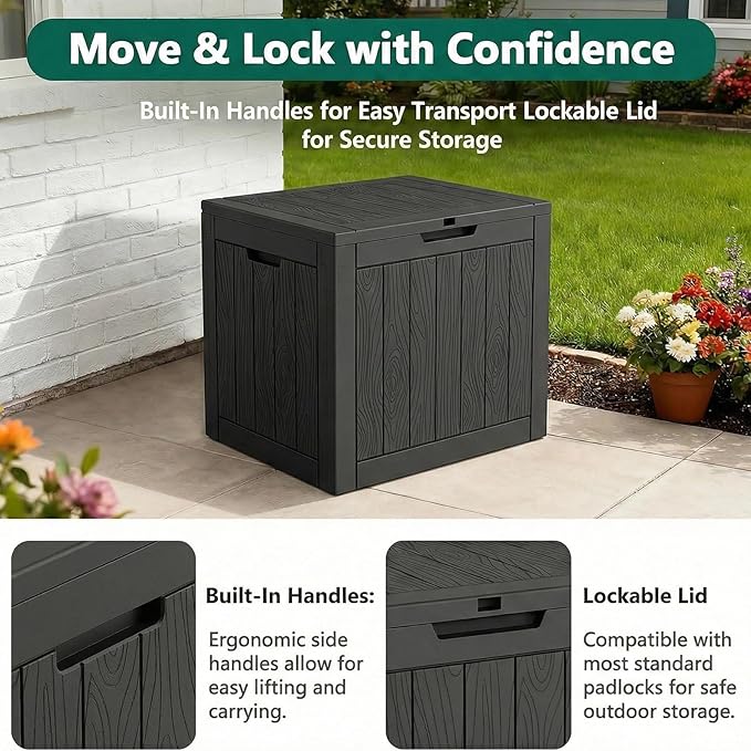 45 Gallon Outdoor Storage Box Waterproof, Small Resin Deck Box with Lockable Lid, UV-Resistant and Weatherproof Outside Storage Bin for Patio Cushions, Garden Tool, Pool Accessories, Furniture, Pillow
